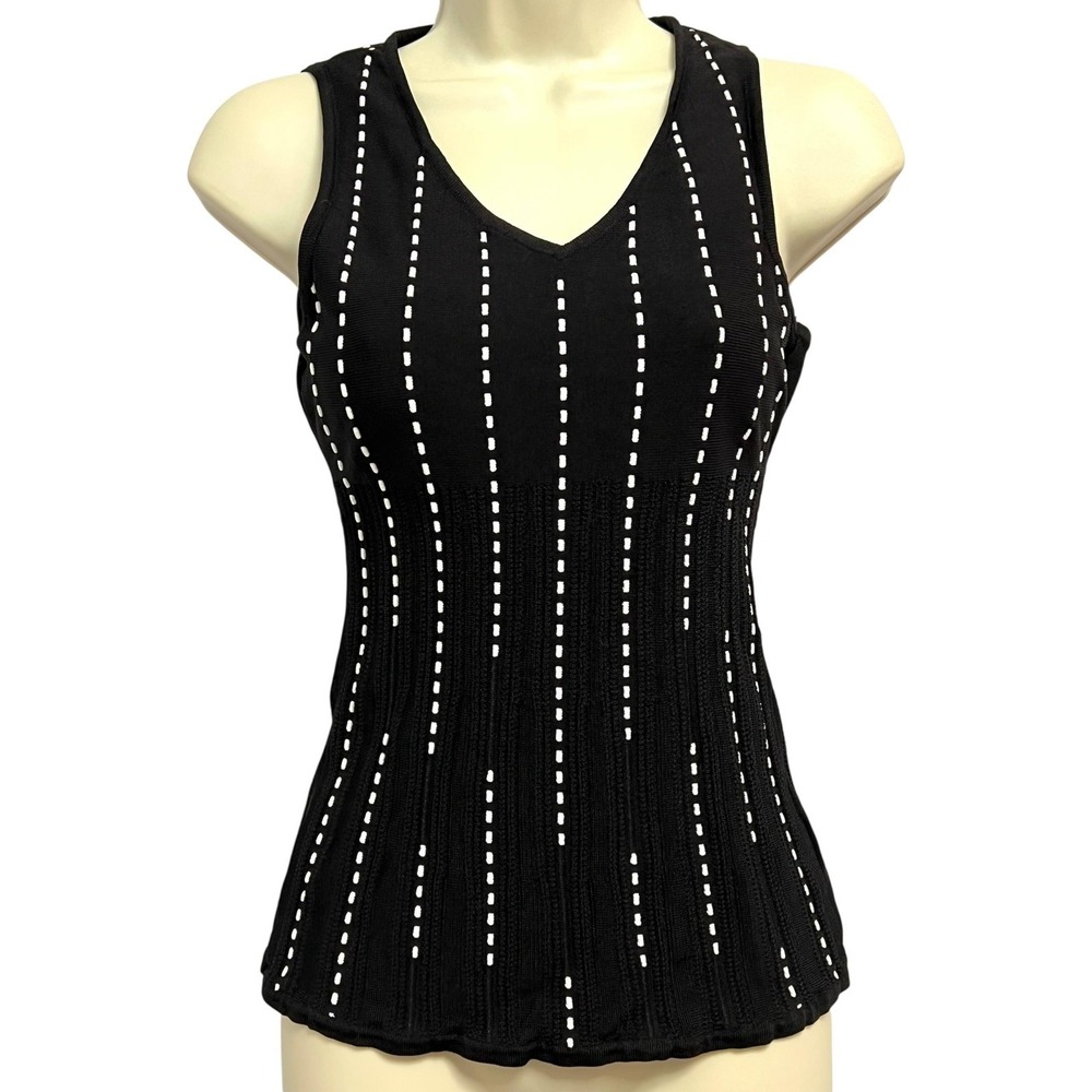 White House Black Market Tank Top Womens XXSP Black Knit Ribbed Dot Stripe‎